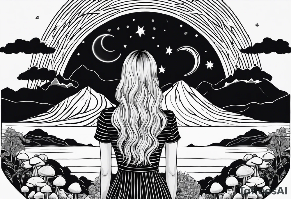 Straight blonde hair girl facing away toward mountains surrounded by mushrooms crescent moon mandala circular design black and white striped dress figure 8 tattoo idea