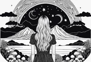 Straight blonde hair girl facing away toward mountains surrounded by mushrooms crescent moon mandala circular design black and white striped dress figure 8 tattoo idea