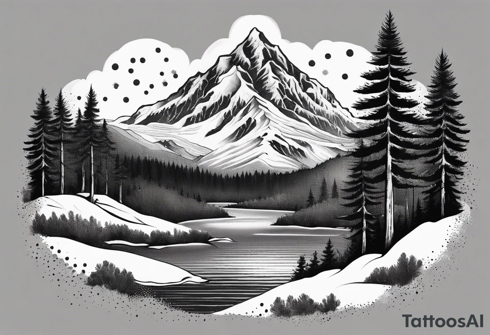 A snow capped mountain with pine trees and a river flowing to the right tattoo idea