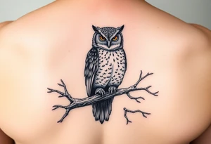 wise owl perched on ancient oak branch under starlit sky tattoo idea
