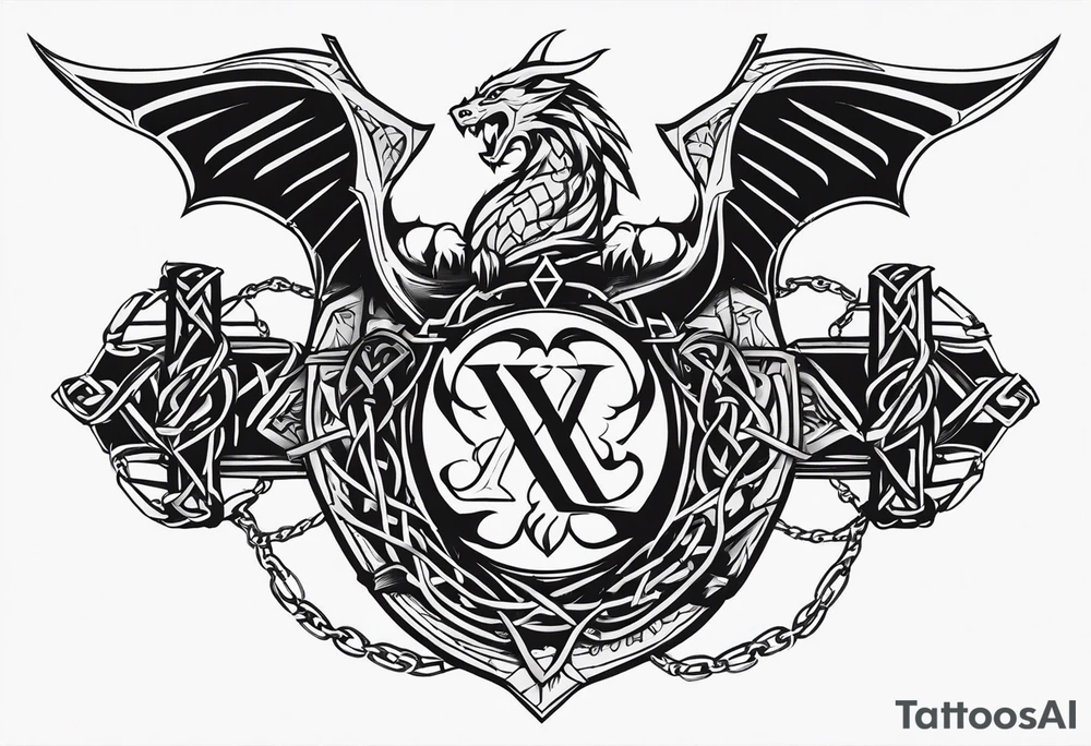 Valhalla sword shield dragon axe Valknut barbed wire chains tribal tattoo idea Valhalla sword shield dragon axe Valknut barbed wire chains tribal tattoo idea
