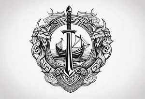 Valhalla sword shield viking ship dragon head tattoo idea