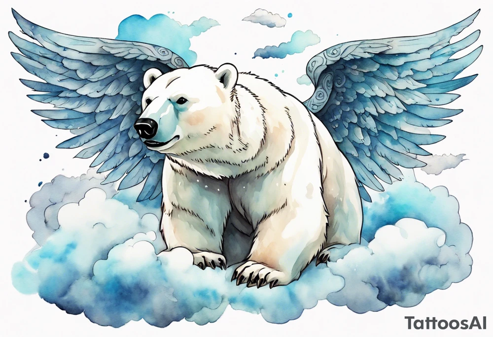 a polar bear with wings surrounded by clouds in the sky tattoo idea