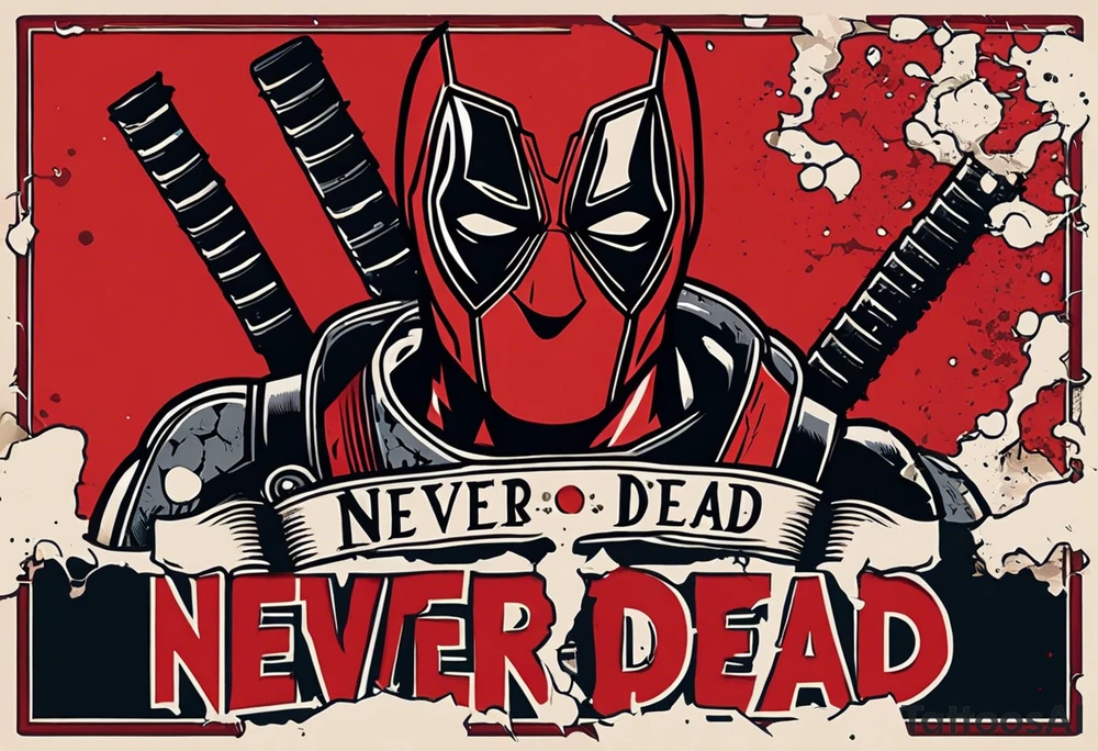 Banner with Text: A worn, dark banner wraps around Deadpool with the phrase "NEVER DEAD" in bold, cracked letters that give a strong and aggressive impression. The banner has small torn details, as if it’s been through rough conditions, with shading that adds depths. tattoo idea