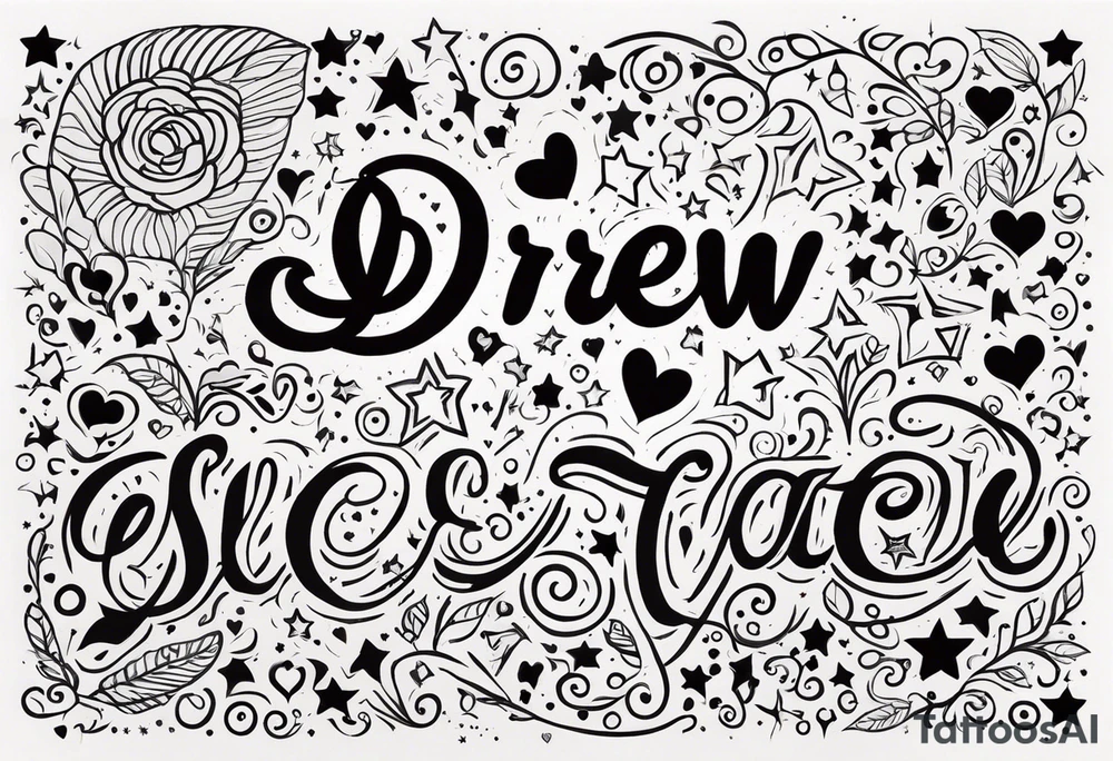 Hearts and stars the name "Drew" tattoo idea