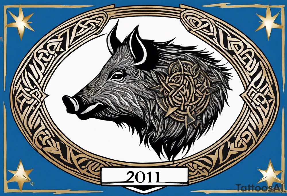 Side profile, Celtic, tribal, wild boar, On a Chatwin family crest with blue background, two gold stars, and a gold Chevron, and a Thistle. With bold black tribal lines. ancient Celtic, tribal boar tattoo idea