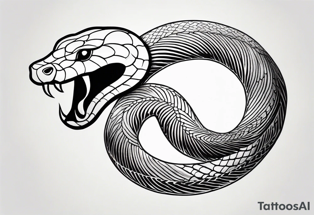 Create a detailed sketch of a snake tattoo. The design should feature a coiled snake with intricate scales and a dynamic, flowing pose. Emphasize the snake's head with a slightly menacing expression, its forked tongue flicking out. Include subtle shading to highlight the texture of the scales and give the design a sense of depth. The overall style should be clean and bold, suitable for a tattoo, with a focus on both artistic and anatomical accuracy. Consider incorporating elements like floral or geometric patterns in the background to complement the snake tattoo idea