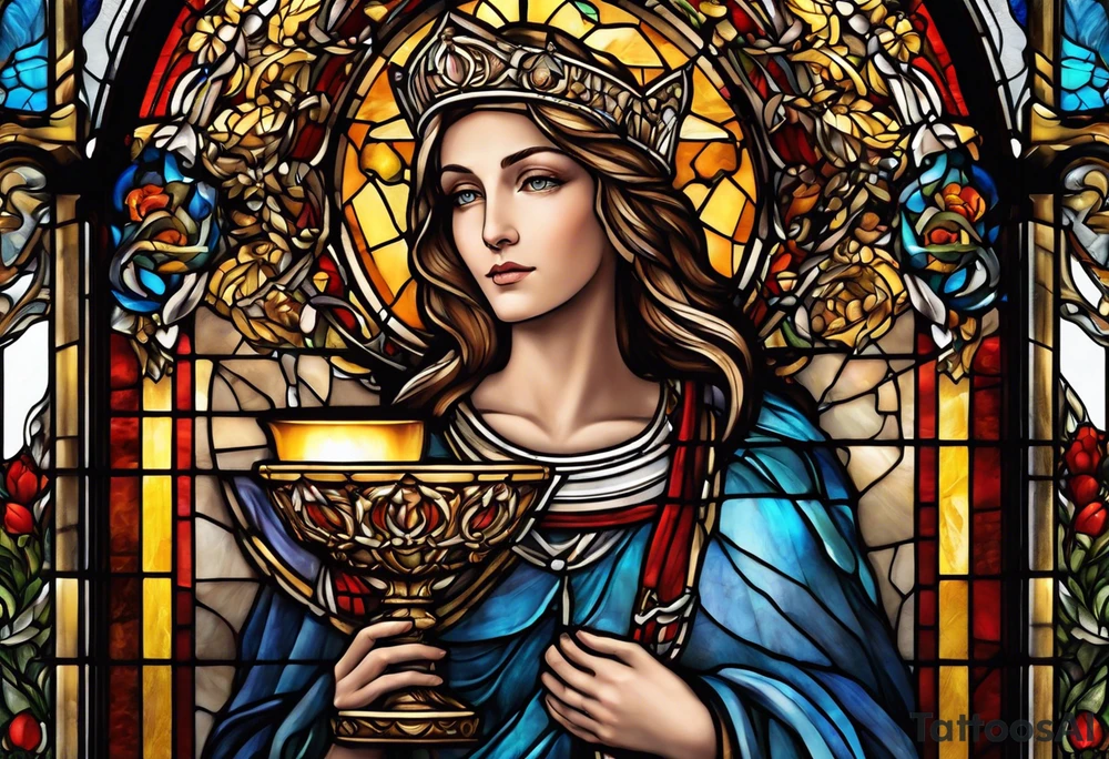 holy saint woman with halo stained glass holding a chalice with artillery tattoo idea