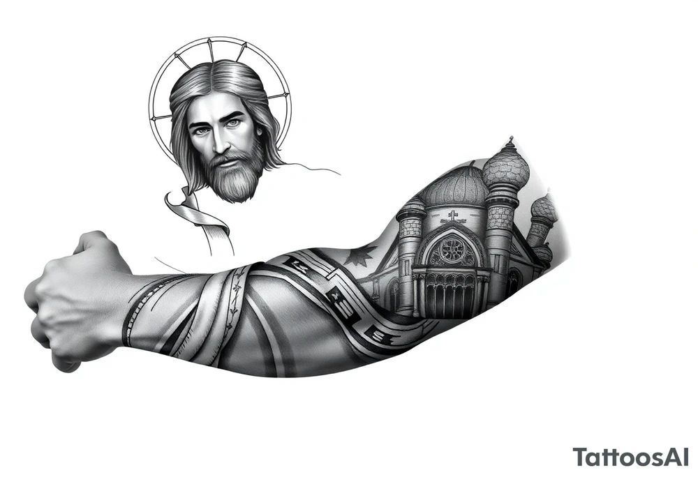 russian orthodox christian left arm tattoo with jesus & orthodox st basils setting tattoo idea
