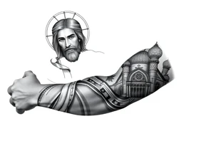 russian orthodox christian left arm tattoo with jesus & orthodox st basils setting tattoo idea