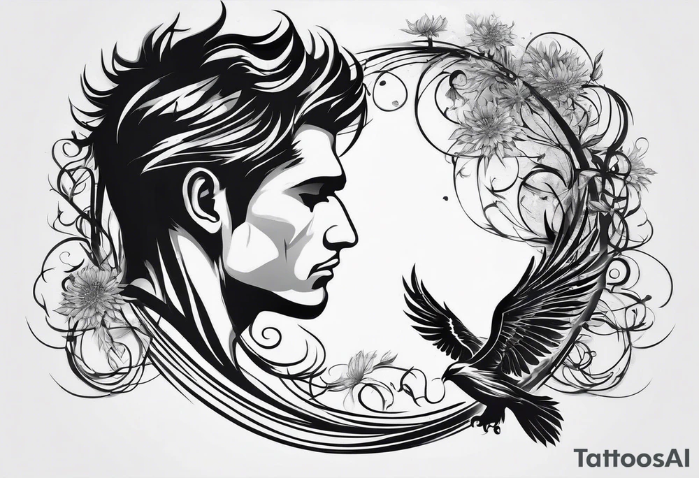 Create a tattoo of a man's face in profile evaporating.  The tattoo symbolizes deliverance after a break-up. Behind it is a chain breaking and the face is looking at dandelions and a phoenix.

The tattoo should symbolize deliverance, strength and peace. tattoo idea