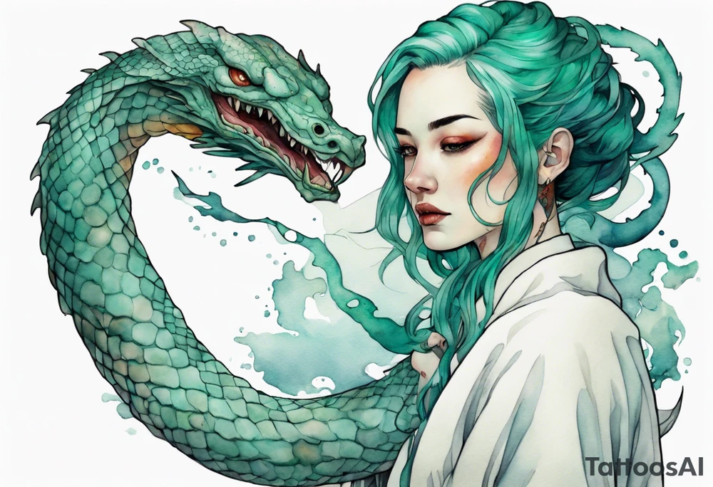 an Irish woman with teal hair wearing a white robe next to a sea-serpent tattoo idea