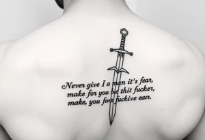 Using the abuse survivor mental health sword and the quote “Never give a man your fear, make the fucker earn it” tattoo idea