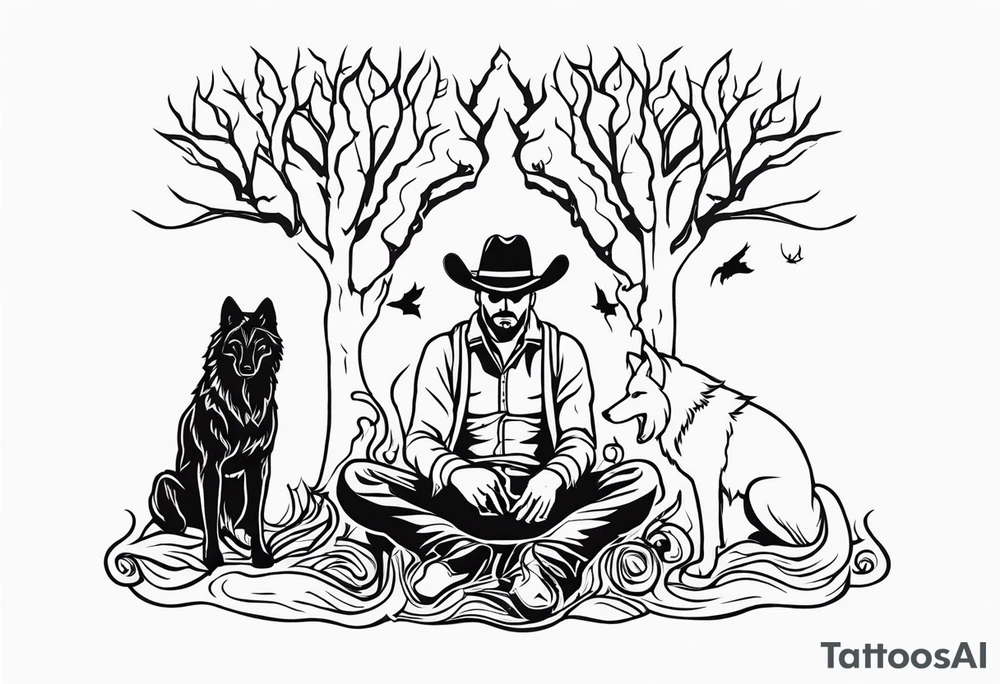 ghostly cowboy sitting in front of a fire with the tree of life behind him and a wolf and a raven tattoo idea