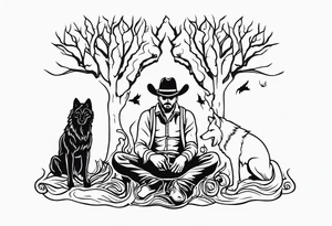 ghostly cowboy sitting in front of a fire with the tree of life behind him and a wolf and a raven tattoo idea