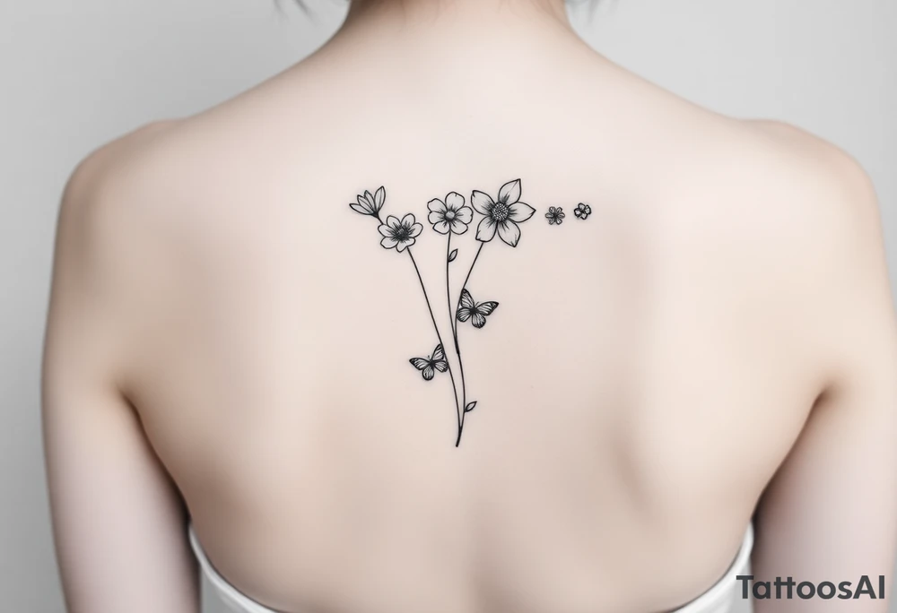 5 flowers
Water lily, honeysuckle, narcissus, violet and a daisy on top of vertical line
Small butterflies tattoo idea