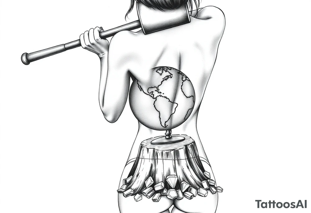 pin up girl wearing a g string thong, the pin up girl is swinging a very large headed mallet overhead onto a small version of the earth globe, the earth globe is on top of a tree stump, the earth globe is in contact with the  mallet and being compressed by the mallet, and at the base of the stump is a pile of diamonds. Her short shorts are not covering her butt all the way. She is facing me with her breast bare and out. tattoo idea