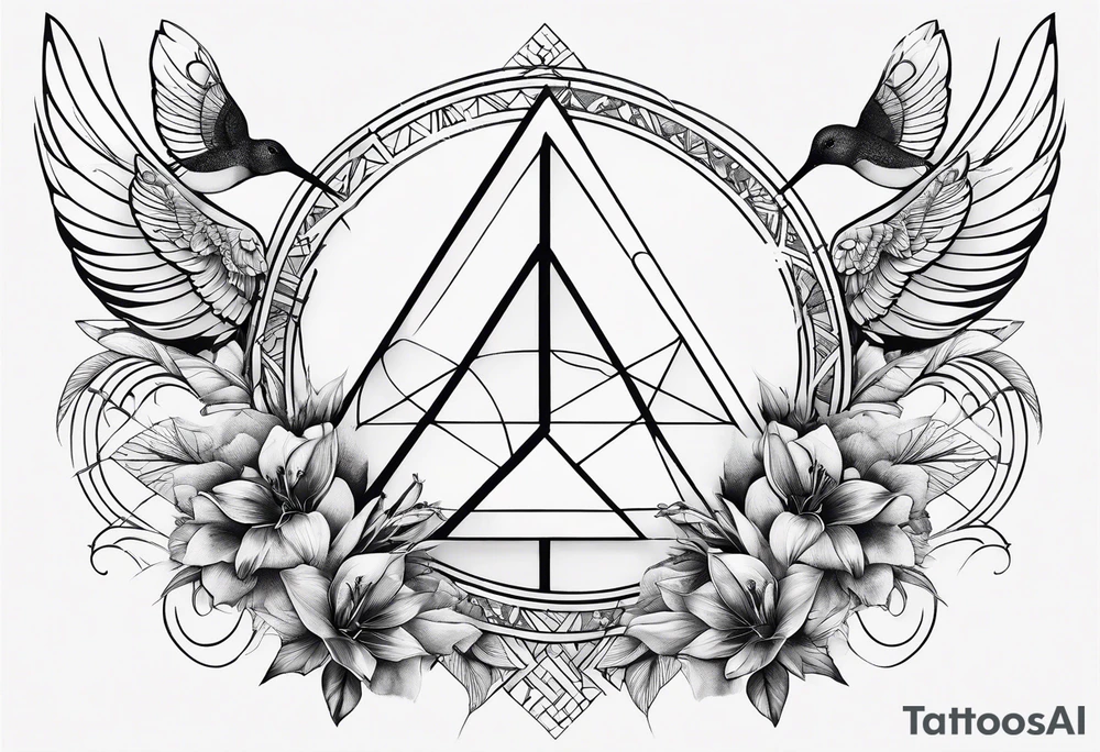 Line of symbols, double triangle, unclosed delta, crescent moon, hummingbird tattoo idea