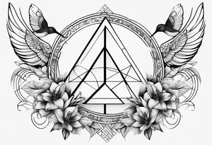 Line of symbols, double triangle, unclosed delta, crescent moon, hummingbird tattoo idea