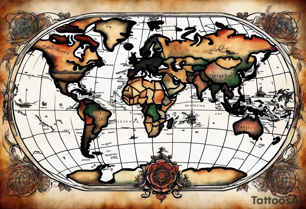 a old world map for the back of a forearm tattoo idea