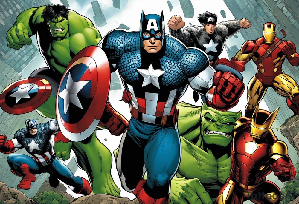 I want to change Avengers Team characters with animals. Hulk will be represented by a Badger.
Thor will be depicted as an Alpha Grey Wolf.
Captain America will be symbolized by a Bull.
Iron Man's character will be embodied by a Canary.
Black Widow's role will be portrayed by an Axolotl.
Hawkeye will be depicted as a Sudan Plated Lizard.
Nick Fury will be represented by a Cat. tattoo idea