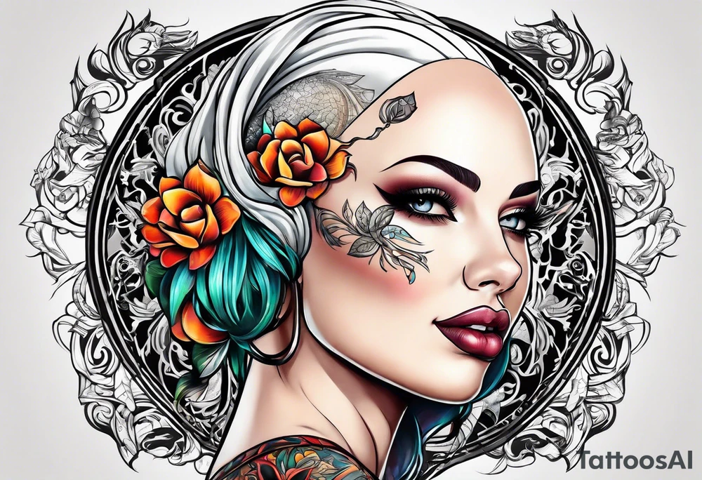 Bald woman tattoo idea