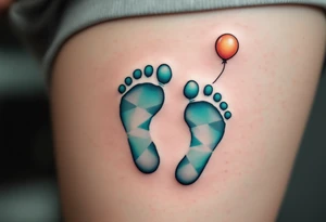 Light gray and soft teal footprints of Samuel, with a small, floating balloon to represent his light and carefree character. tattoo idea