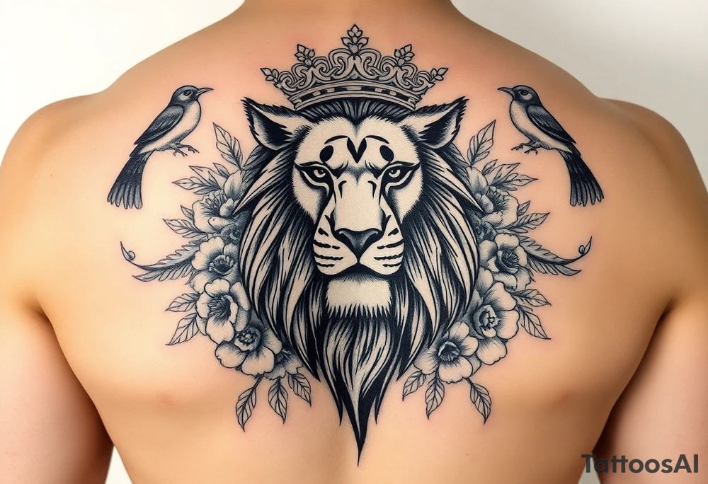 powerful majestic lion with a crown, surrounded by floral ornaments and birds tattoo idea