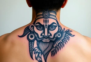 lord murugan colorful face tattoo with peacock tattoo idea
