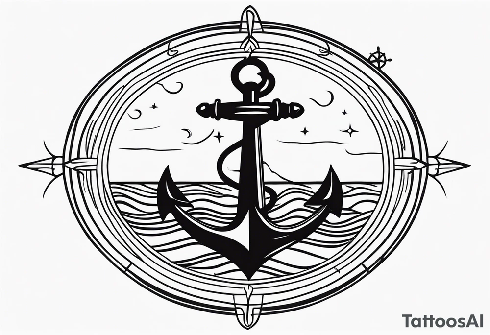 Feminine compass with waves and anchor along spine tattoo idea