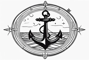 Feminine compass with waves and anchor along spine tattoo idea