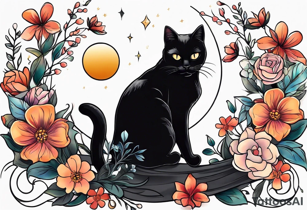 Photo realistic black cat with moon and flowers tattoo idea