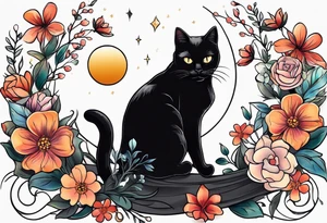 Photo realistic black cat with moon and flowers tattoo idea