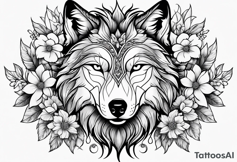 Wolf head with flowers tattoo idea
