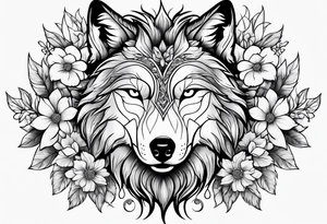 Wolf head with flowers tattoo idea