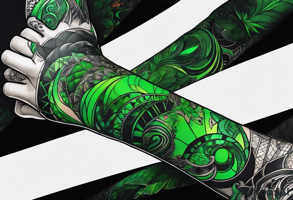 space, abstract, green and black, covered from wrist to forearm, fully covered, no borders, blackwork, no people tattoo idea