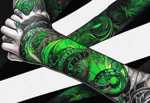 space, abstract, green and black, covered from wrist to forearm, fully covered, no borders, blackwork, no people tattoo idea
