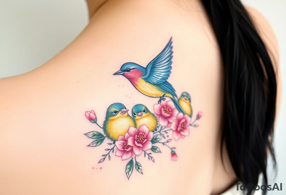 Mom bird and three baby birds with flowers tattoo idea