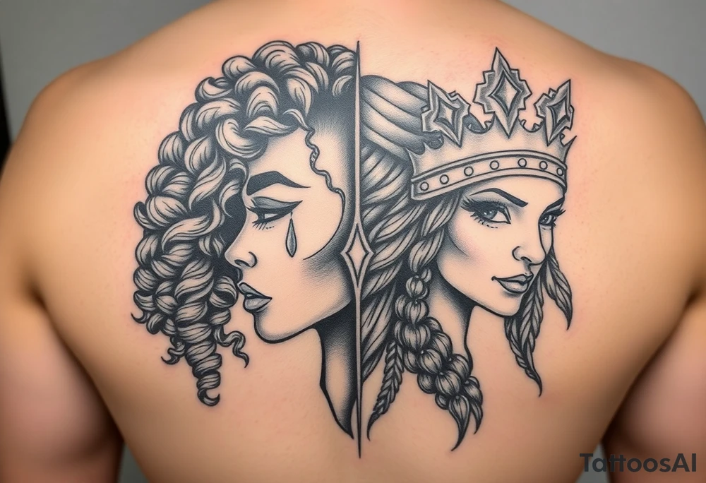 A beautiful woman with beautiful curly hair, and a teardrop falling from her eyes, African American- other 1/2 a beautiful warrior women with a crown and a smirk on her face. Embodying 1/2 faced one soft and gentle-one strong and mighty. Blend together onto 1 face tattoo idea