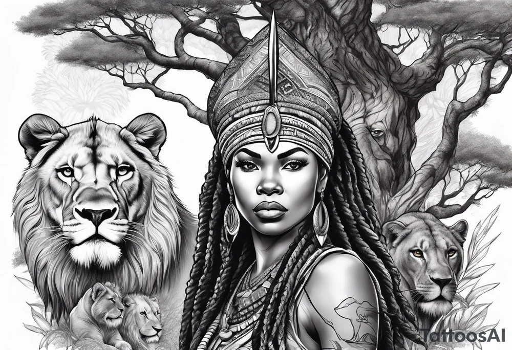 African woman warrior with spear in her hand with Lion in the tree around her tattoo idea
