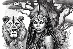 African woman warrior with spear in her hand with Lion in the tree around her tattoo idea