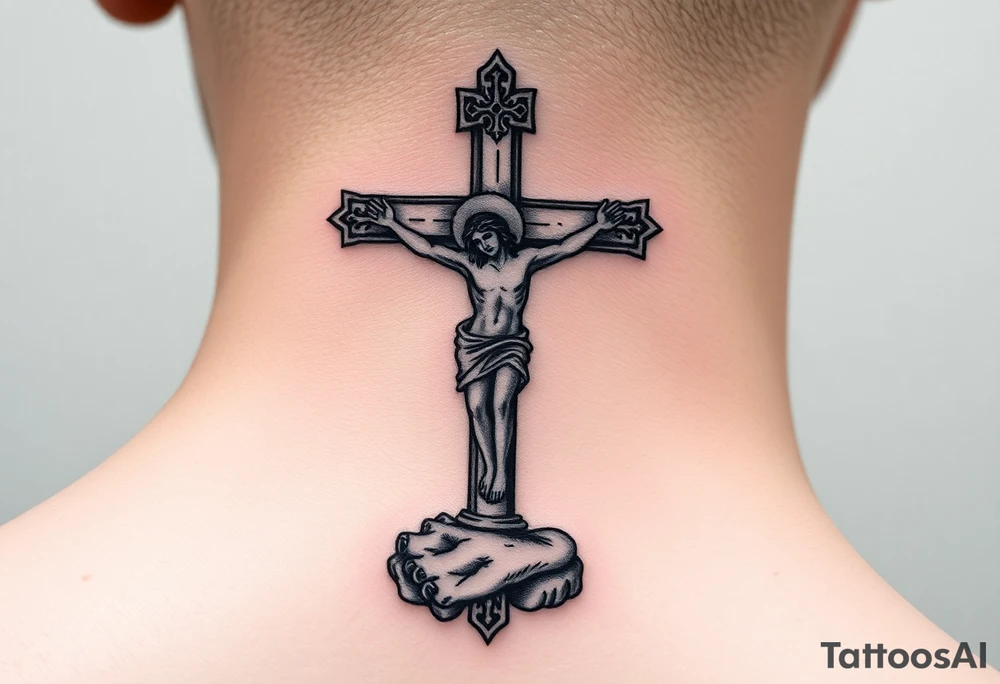 Traditional orthodox ICXC Christian cross with Jesus Christ on the cross also with the foot rest part of the cross tattoo idea