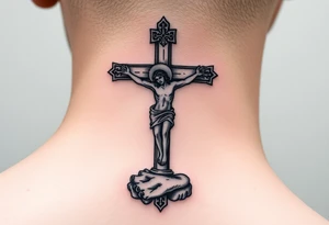 Traditional orthodox ICXC Christian cross with Jesus Christ on the cross also with the foot rest part of the cross tattoo idea