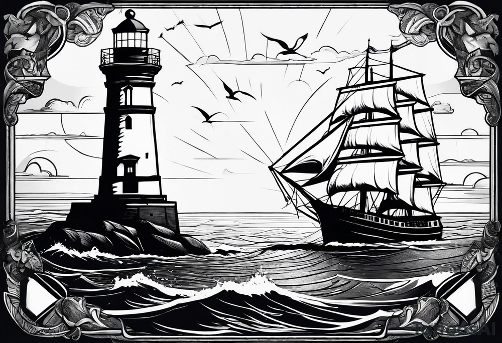 maritime lighthouse partially hidden by its  large fixed sails. tattoo idea
