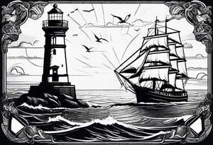 maritime lighthouse partially hidden by its  large fixed sails. tattoo idea