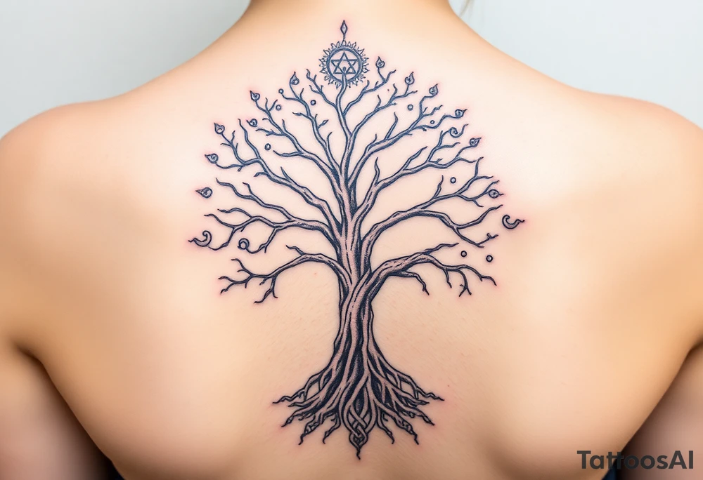 mystical tree of life with cosmic roots and celestial branches tattoo idea