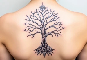 mystical tree of life with cosmic roots and celestial branches tattoo idea