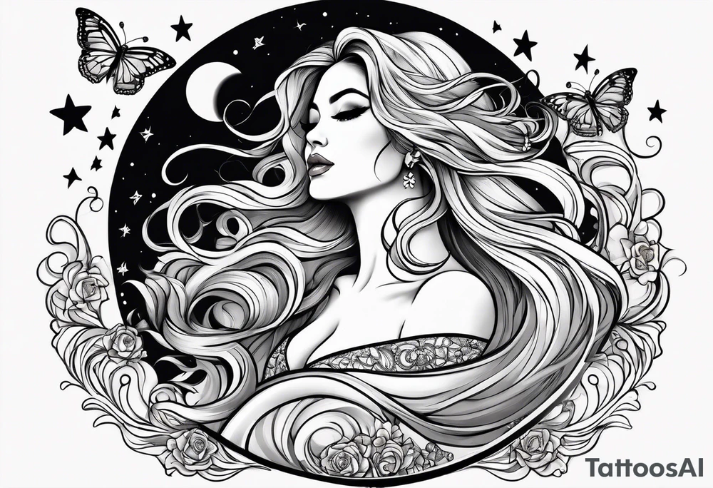 Beautiful woman with butterflies in her long wavy hair sitting on a half moon, with a moon and star background tattoo idea