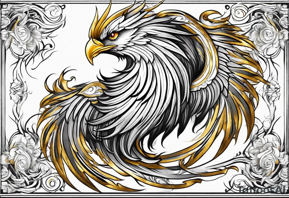 lite flowing phoenix with gold and white on tail for male tattoo idea