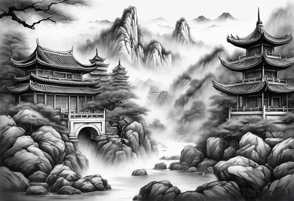 forearm sleeve traditional chinese art painting style autumn mountains mist fog water Chinese temple female with pony tail wearing robes seated meditating in the background tattoo idea
